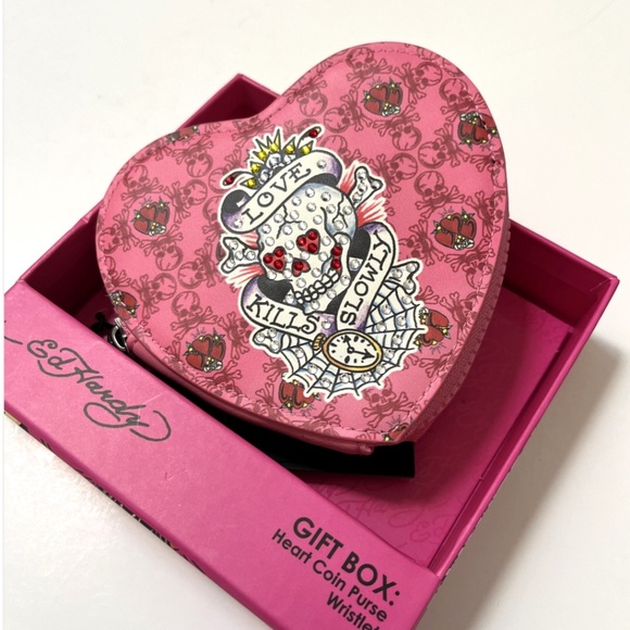 Ed Hardy Handbags - NWT Ed Hardy Heart Coin Purse Pink Skull Rhinestone Wristlet Zip Pouch Gift